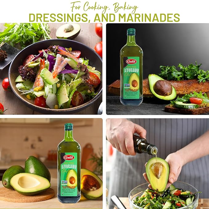 Galil 100% Pure Avocado Oil - High Smoke Point 500°F Non-GMO Vegan Halal Certified - Perfect for Cooking Baking Sautéing Dressings &amp Marinades Rich in Healthy Fats - 1 Liter Glass Bottle