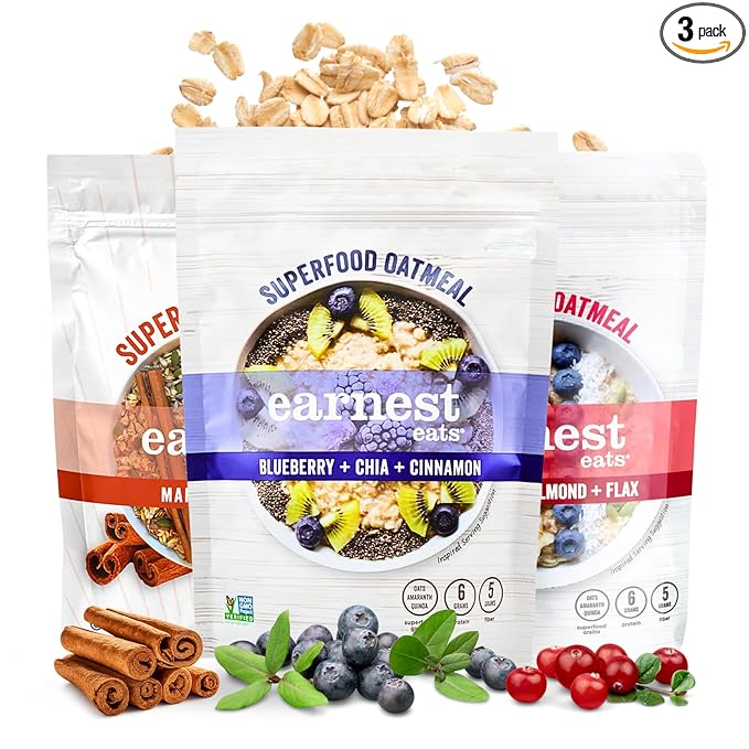 Earnest Eats Superfood Oatmeal – Variety Pack – Vegan Gluten-Free 5-6g Plant Protein 4-5g Fiber No Added Sugar 24 Servings Total (3 Pack)