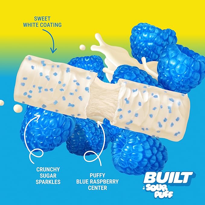BUILT Bar Sour Puff Protein Bars - Blue Razz Blast - 16g Protein Snack Bars with Collagen - Calorie Conscious &amp Gluten Free - 12 Count