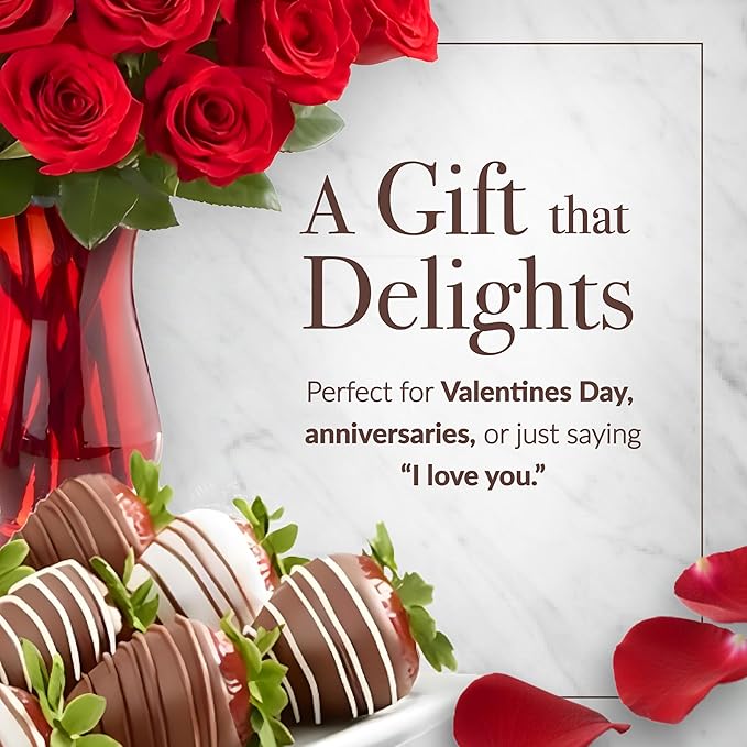 Shari’s Berries 24 Classic Red Roses &amp 12 Chocolate Covered Strawberries Gift Set | Chocolate &amp Fresh Flower Gift Box | Valentine's Day Anniversary Celebrations &amp Thank You’s