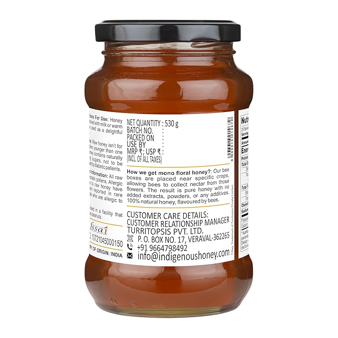 INDIGENOUS HONEY Tulsi Basil Honey Raw Natural Pure Unprocessed NMR Tested Unpasteurized Unheated 530g Glass Jar Pack of 1