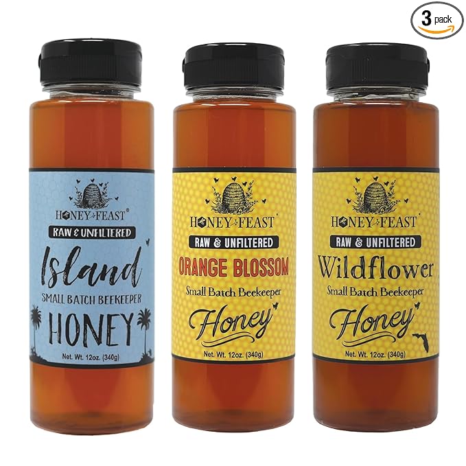 HONEY FEAST Florida’s Finest Honey Trio Gift Set – Orange Blossom Wildflower &amp Island Honey (3 × 12oz Jars)