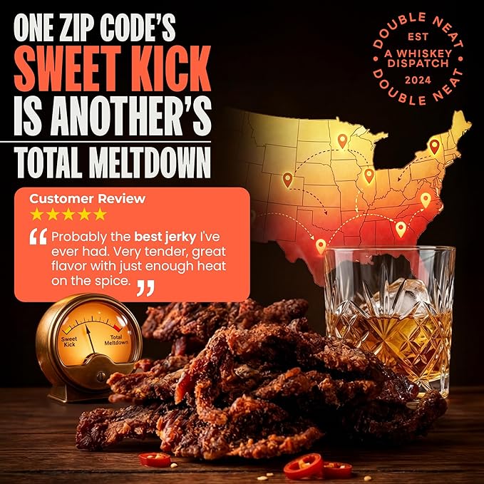 Double Neat Barrel Pick Bourbon Glazed Beef Jerky – Gluten Free – Whiskey Infused Sweet and Smokey High Protein Healthy Snacks – Low Sodium – Gourmet Easter Beef Jerky Gifts for Men – 2 Ounces Each