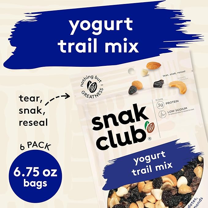 Snak Club Yogurt Trail Mix with Raisins Peanuts Dried Dates Yogurt Chips Cashews and Almonds Gluten-Free and Kosher Snack 6.75 oz Resealable Bags 6 Pack