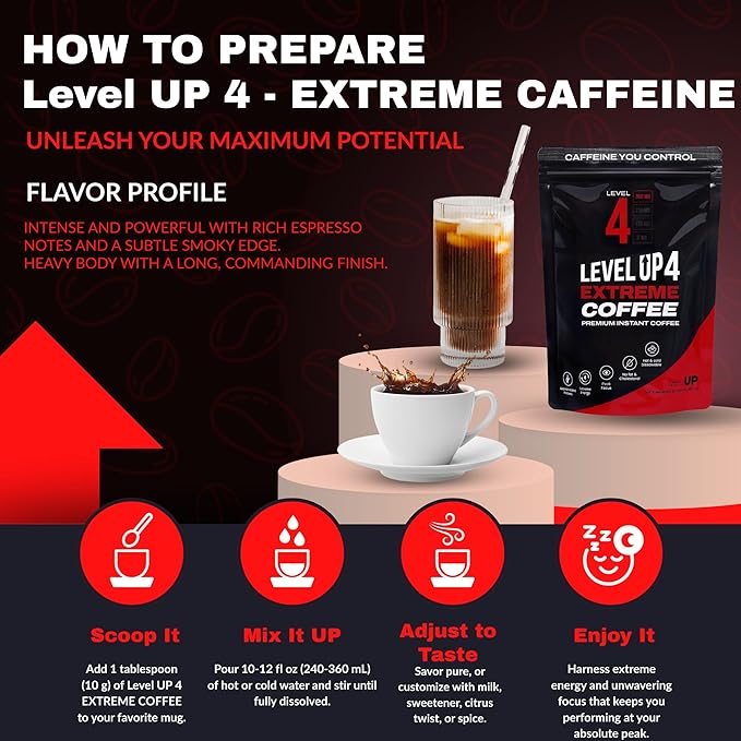 Level Up Premium Decaf Instant Coffee Sugar Free 30 Servings 10.58 oz (L4 - EXTREME 360MG)