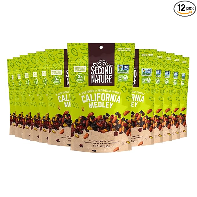 Second Nature California Medley Trail Mix - 5 oz Resealable Snack Pouches (Pack of 12) - Certified Gluten-Free Snack Nut Trail Mix to Satisfy Hunger