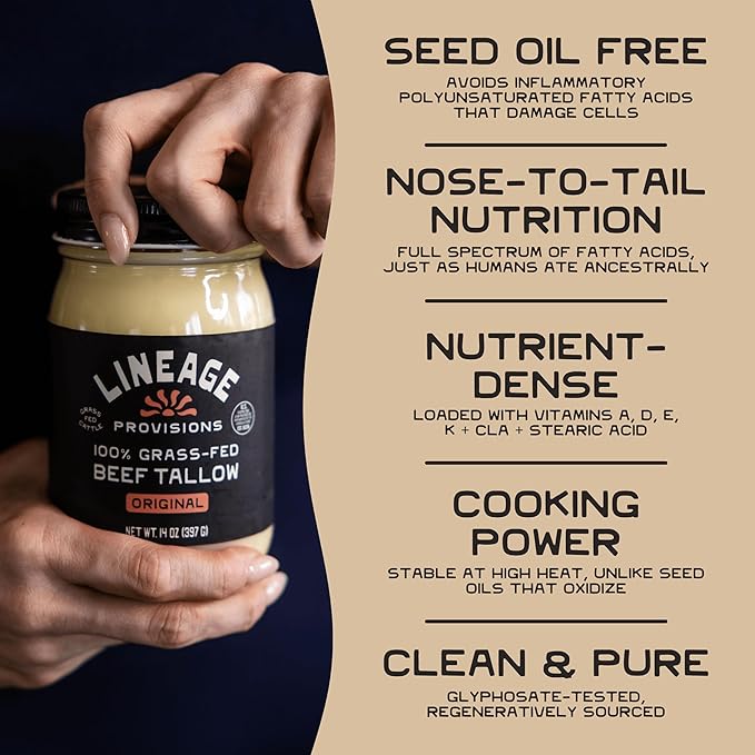 Lineage Provisions - 100% Grass-Fed &amp Finished Beef Tallow – 3-Pack Glass Jars – US-Raised Cattle – Nose-to-Tail Rendered – Cooking Oil Alternative Keto &amp Paleo Friendly