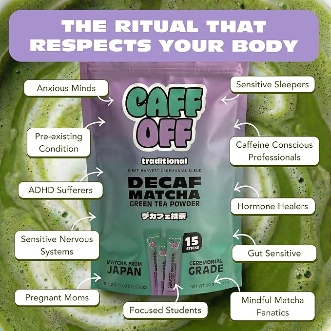 Decaf Matcha Green Tea Powder From Japan - 15 Sticks (2 g each / 30 g total) - Ceremonial Grade - Naturally Decaffeinated Using No Chemicals - Tested For Heavy Metals &amp Pestacides - First Harvest