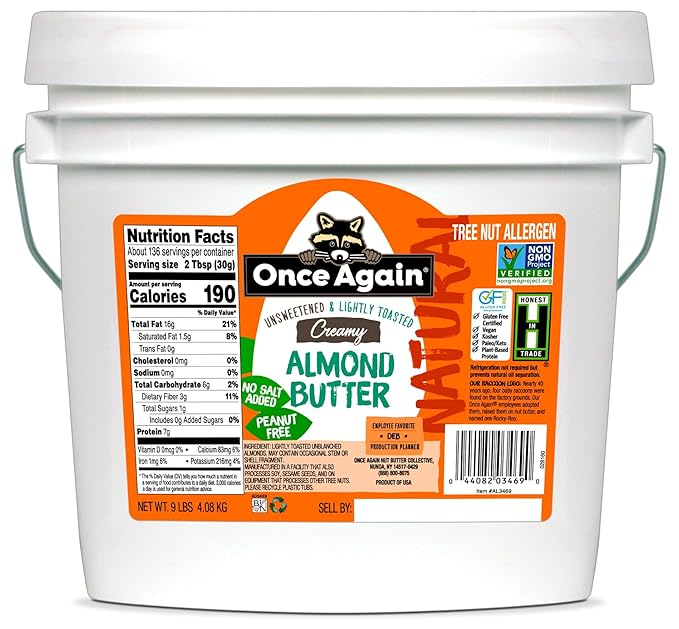 Once Again Creamy Natural Almond Butter No Sugar Lightly Toasted - 9 Pound Bucket (Same as 9 Jars) of Single Ingredient Nut Butter No Palm Oil No Salt - Non-GMO Gluten Free Vegan