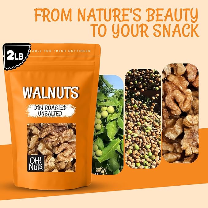 Oh! Nuts Walnuts - Dry Roasted Unsalted - 2 lb - Packed in New York Zip-Seal Bag for Exceptional Freshness