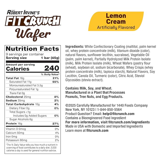 FITCRUNCH Wafer Protein Bars Designed by Robert Irvine 16g of Protein &amp 1g of Sugar (9 Bars Lemon Cream)