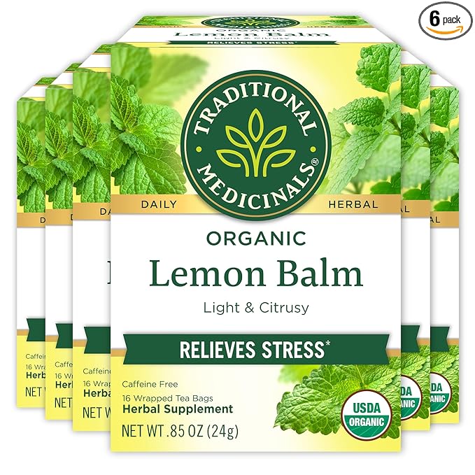 Traditional Medicinals - Organic Lemon Balm Herbal Tea (6 Pack) - Stress Relief &amp Supports Digestion - 96 Tea Bags Total