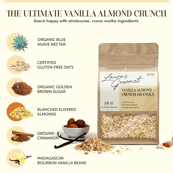 Laura's Gourmet Granola - Vanilla Almond Crunch - Gluten Soy &amp Dairy Free - Organic Premium Honey Almonds &amp Pure Ground Vanilla Artisan Chef's Trifecta of Taste Texture &amp Mouthfeel -