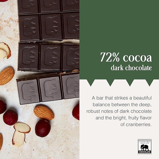 Endangered Species Chocolate Wolf Natural Dark Chocolate (72%) with Cranberries &amp Almonds 3-Ounce Bars (Pack of 12)