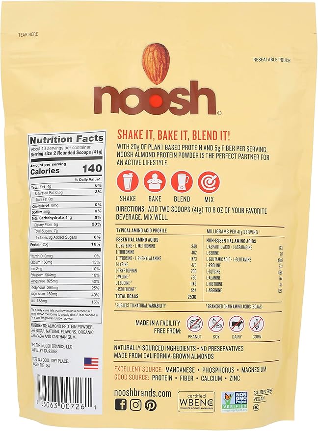 NOOSH Plant Based Almond Protein Powder Vanilla 41 Gram - Vegan Protein Powder All Natural Ingredients Non-GMO Gluten Free Kosher Peanut Free Soy Free Dairy Free (Vanilla)