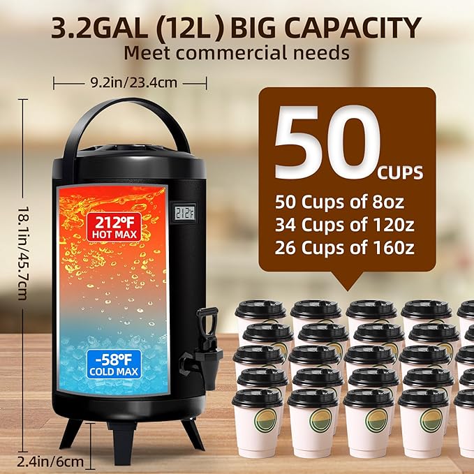 Insulated Beverage Dispenser - Thermal Hot and Cold Tea Dispenser - Stainless Steel 12L/3.2Gal with Spigot for Hot Coffee &amp Tea Cold Milk &amp Juice - Black