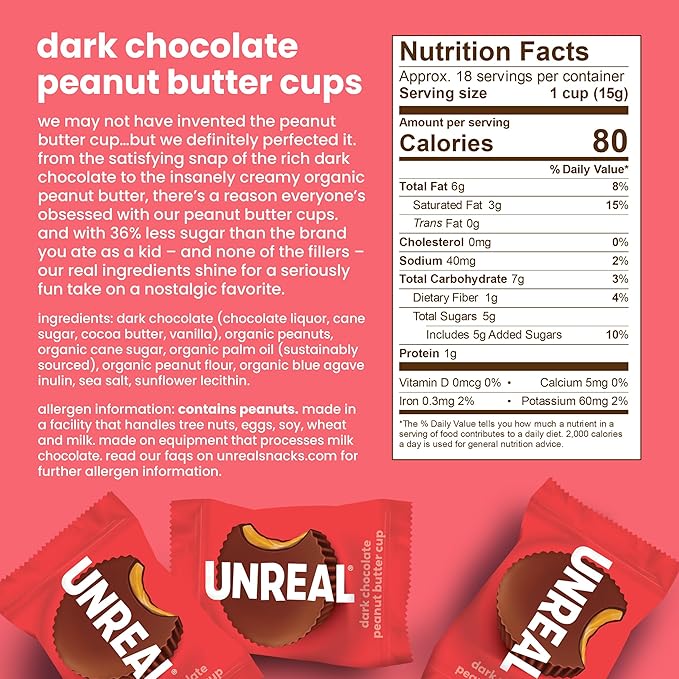 UNREAL Dark Chocolate Peanut Butter Cups (3 Value Size Bags) | Vegan 5g Sugar | Gluten Free Fair Trade Non-GMO | 9.5oz each