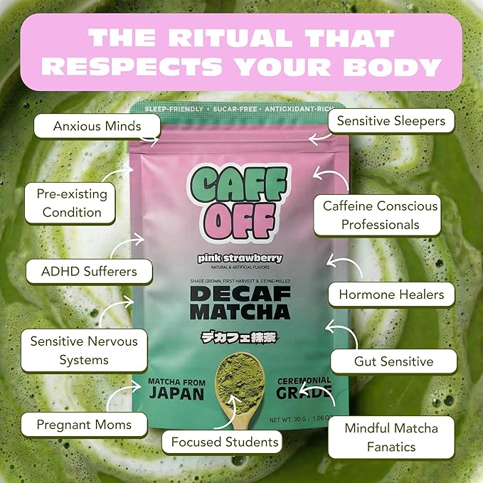 Caff Off Decaf Strawberry Matcha Green Tea Powder From Japan – 1.06 oz / 30 g – Ceremonial Grade &amp Sugar-Free – No Fillers or Milk Powders – Naturally Decaffeinated Without Chemicals – Tested for