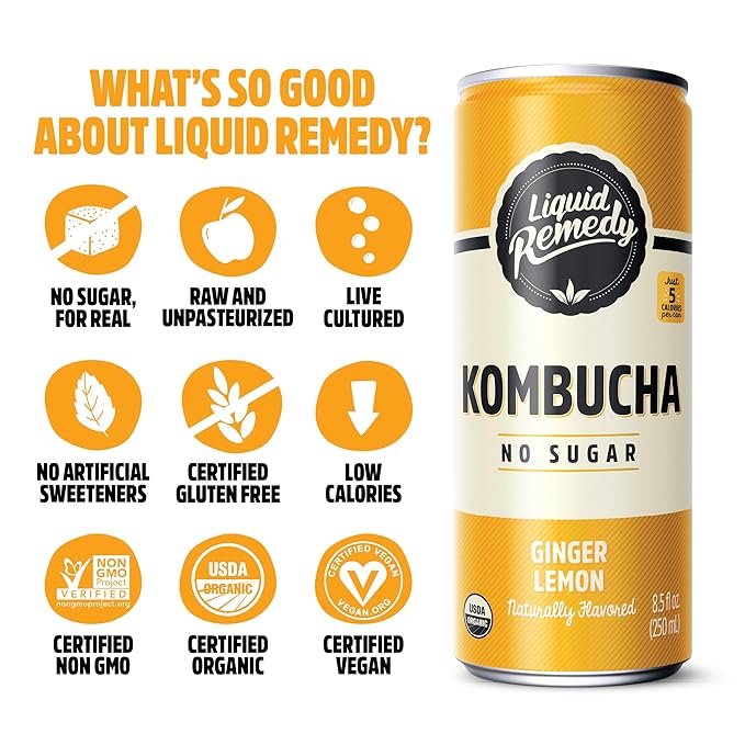 Liquid Remedy Kombucha Sugar Free Organic Drink Low Calorie Probiotic Like Tea for Gut Health - Ginger Lemon - 8.5 Fl Oz Can 24-Pack