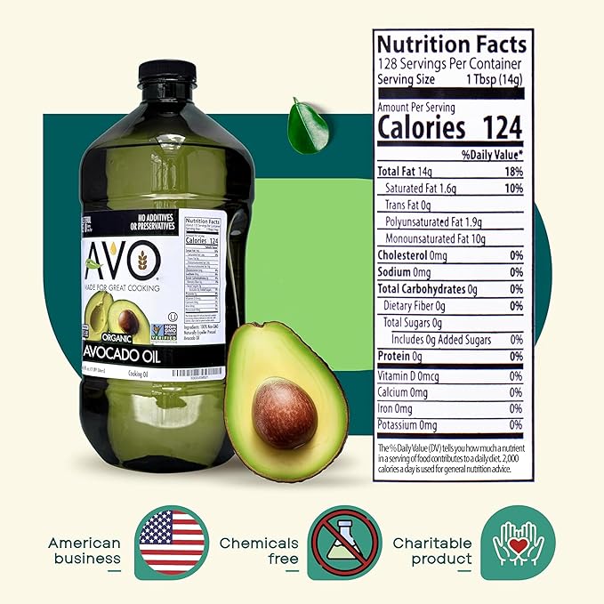 AVO Organic Avocado Oil for Cooking Frying Baking Salads Vinaigrette Marinades - General Organic Cooking Oil 64 Fl-oz (Half a Gallon) NO preservatives added High Smoke Point 500°F