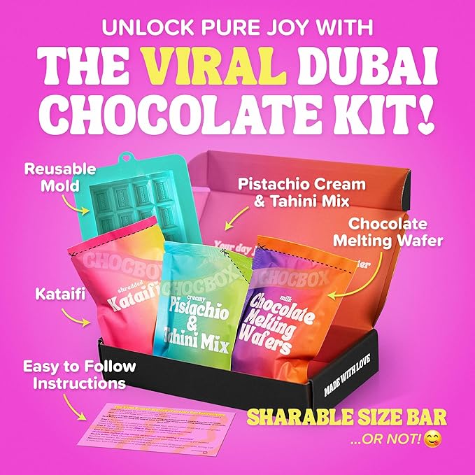 Chocbox Viral Dubai Milk Chocolate Bar Kit - Includes Chocolate Mold Choc Wafers Shredded Kataifi Pistachio Cream - DIY Gift Box Dubai Kit - Great Gift