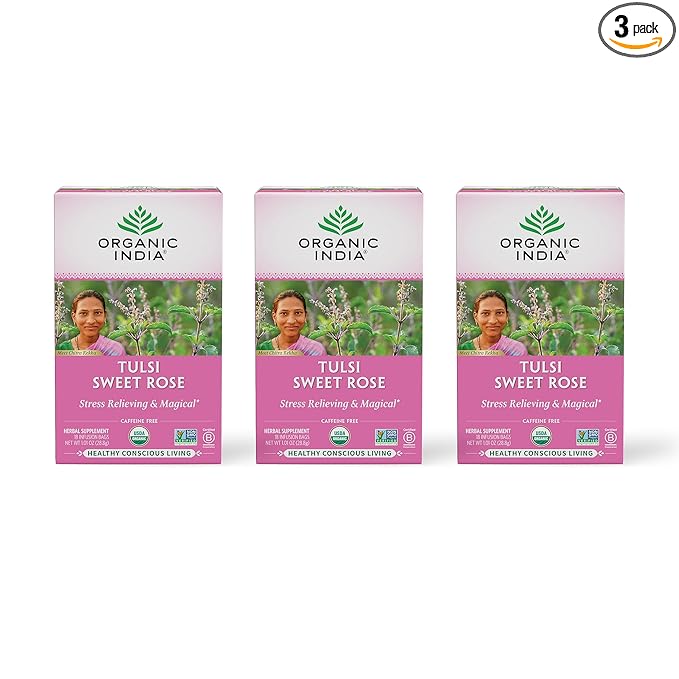 ORGANIC INDIA Tulsi Sweet Rose Herbal Tea - Holy Basil Leaf African Basil Chamomile Lemon Myrtle Stress Relieving Caffeine Free - 18 Bags 3 Pack