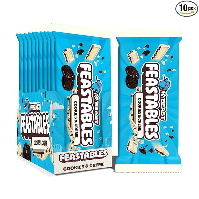 MrBeast Feastables Cookies &amp Creme Chocolate Bar King Size 10 Count White Chocolate with Cookie Pieces Fairtrade Cocoa 2.1oz Each