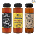 HONEY FEAST Best Sellers Trio – Gourmet Gift Set with 12oz Manuka Infused with Propolis Orange Blossom and Ginger Honey – For Tea Cooking and Gift Giving