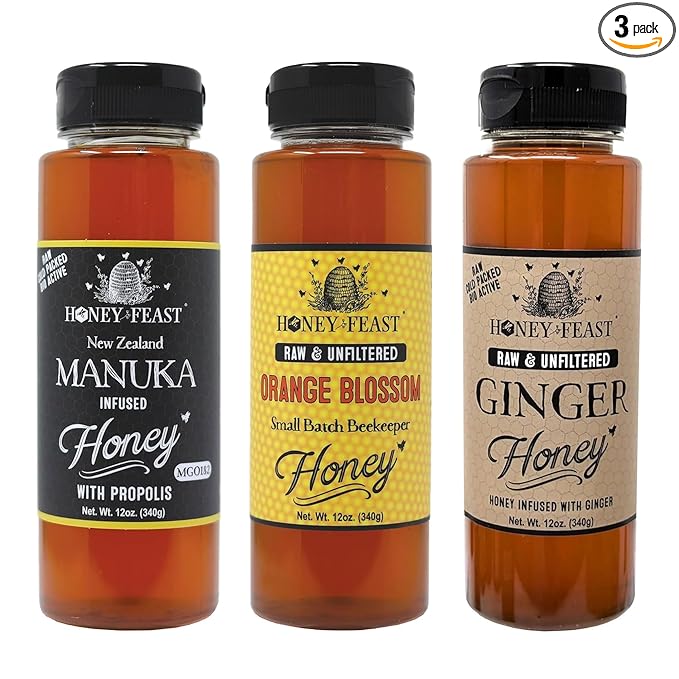 HONEY FEAST Best Sellers Trio – Gourmet Gift Set with 12oz Manuka Infused with Propolis Orange Blossom and Ginger Honey – For Tea Cooking and Gift Giving