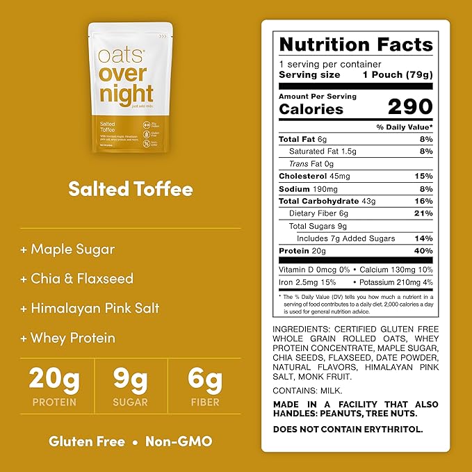 Oats Overnight Salted Toffee - Overnight Oats with 20g Whey Protein High Fiber Breakfast Protein Shake - Gluten Free Oatmeal Non GMO High Protein Oatmeal (2.8 oz per Meal) (8 Pack)