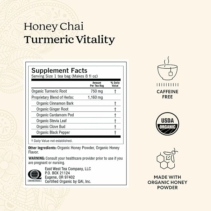 Yogi Tea Honey Chai Turmeric Vitality Tea - 16 Tea Bags per Pack (6 Packs) - Organic Tea to Support Overall Health - Includes Cinnamon Bark Turmeric Root Cardamom Pod Ginger Root &amp More