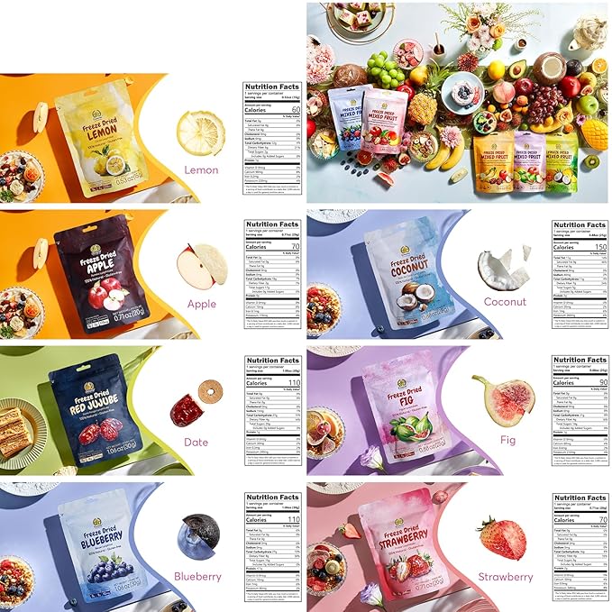 SUNGIVEN Freeze Dried Fruit Mixed for Beauty Variety Pack of 12 Bag 7 Kinds of Fruit Health Snack Rich in Vitamins Apple Strawberry Blueberry Lemon Coconut Fig Red-Dates No Sugar Added 9.7 oz