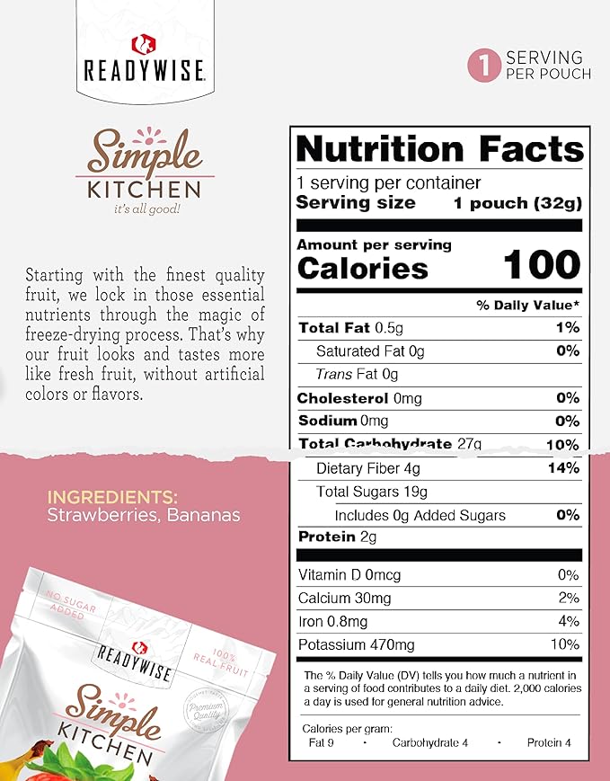 READYWISE - Simple Kitchen Freeze-Dried Strawberries &amp Bananas 24 Servings 6 Pack Vegetarian Gluten Free Snacks Strawberries Banana Dried Fruit Pre Workout Healthy Snacks Survival Food