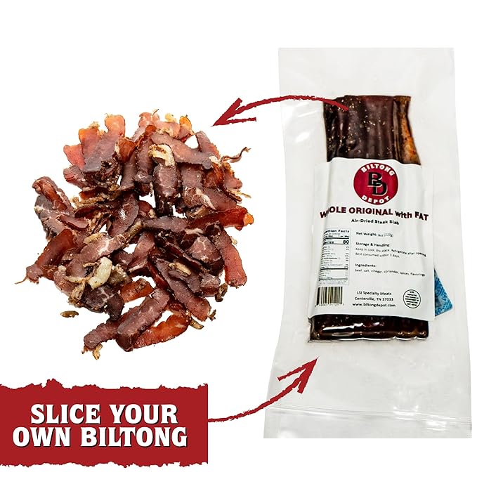Biltong Depot Original Beef Biltong Slab with Fat – 8oz | Air-Dried Beef Jerky Snack | High Protein | Zero Sugar | Keto &amp Paleo Friendly | Gluten Free | No Artificial Preservatives | No MSG