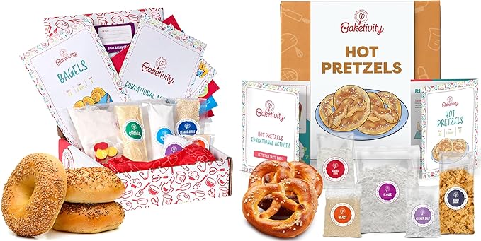 Baketivity Pretzel &amp Bagel Baking Kit Bundle – Fun Kids Cooking Set with Pre-Measured Kosher Ingredients Illustrated Instructions &amp Video Guide – Family Baking Activity for Ages 6+