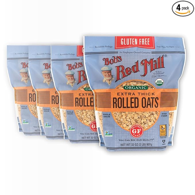 Bob's Red Mill Gluten Free Organic Extra Thick Rolled Oats 32oz (Pack of 4) - Non GMO Whole Grain Vegan Kosher
