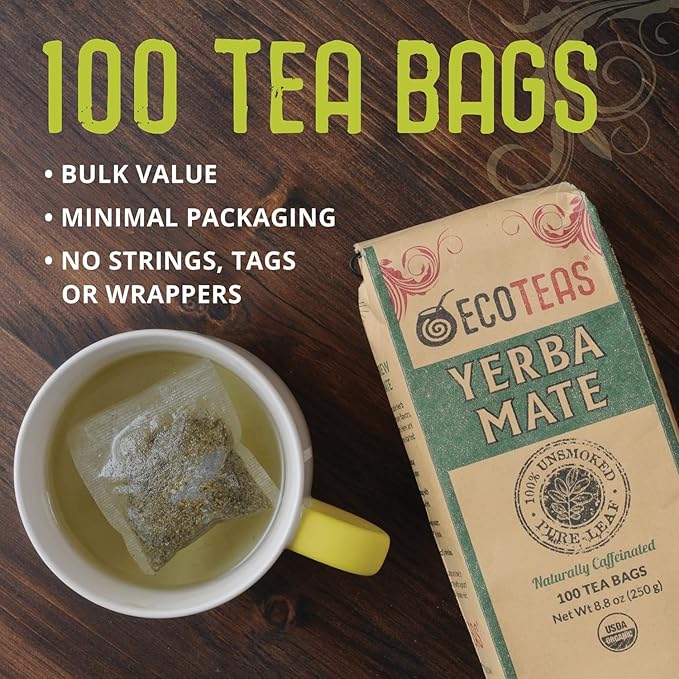 ECOTEAS Premium Organic Yerba Mate Tea Bags – Natural Energy &amp Detox Herbal Tea – Coffee Alternative - Kosher Non-GMO Gluten-Free - 100 Unsmoked Bulk Bags 8.8 oz (Pack of 2)