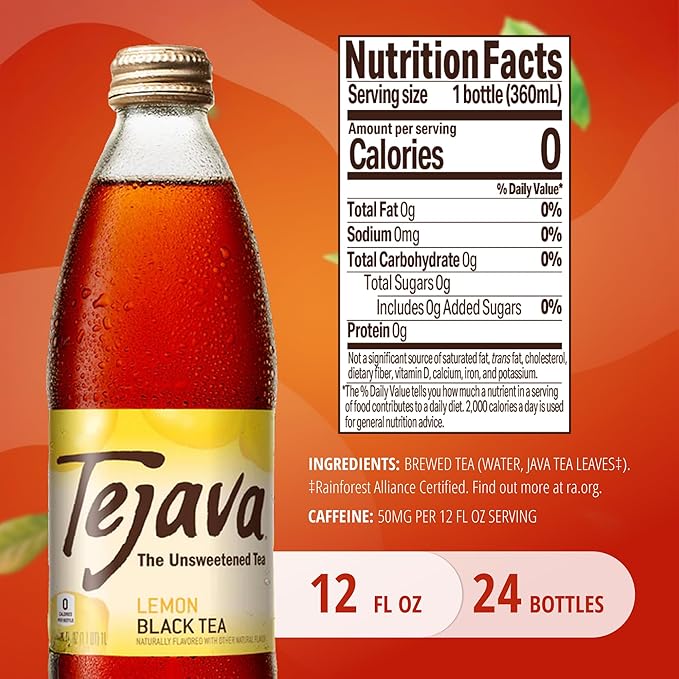 Tejava Lemon Black Iced Tea 24 Pack 12oz Glass Bottles Unsweetened Non-GMO Kosher No Sugar or Sweeteners No calories No Preservatives Brewed in Small Batches