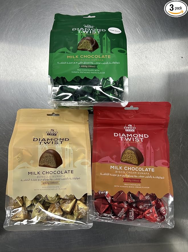 Diamond Twist Dubai Style Kunafa Chocolate – Pack of 3 | Assorted Milk Chocolate Kunafa Flavors | Pistachio Bisco Cream &amp Bonello Kunafa | Premium Middle Eastern Sweets | 450g Each