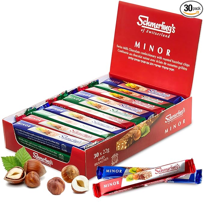 Schmerling's Minor Premium Swiss Chocolate Bars - Crunchy Milk Chocolate Candy Bars with Roasted Hazelnuts - GMO-Free Kosher for Passover OU - 22g Each - Bulk (Pack of 30)