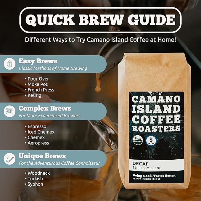 Camano Island Coffee Roasters Decaf Espresso Blend Whole Bean 12oz Fresh Dark Roast Swiss Water Processed USDA Organic Fairly Traded Shade Grown Top 1% Arabica Sweet Molasses Mixed Berry Flavor