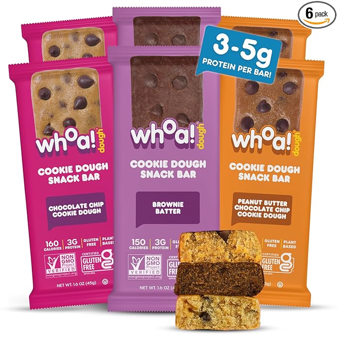 Whoa Dough Best Sellers Edible Cookie Dough Bars- Certified Non-GMO Kosher and Gluten Free Bars - Healthy Snack Foods - Plant Based Snacks - Real Ingredients - Variety Pack (6 Bars)