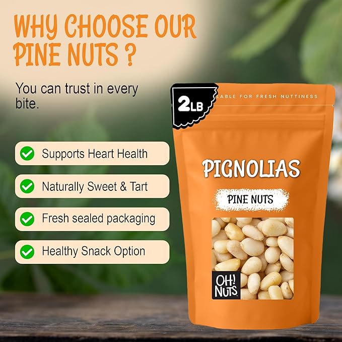Oh! Nuts Pine Nuts - Raw - 100% Natural - 2 lb - Pignoli Packed with Protein - Packed in New York Zip-Seal Bag for Exceptional Freshness