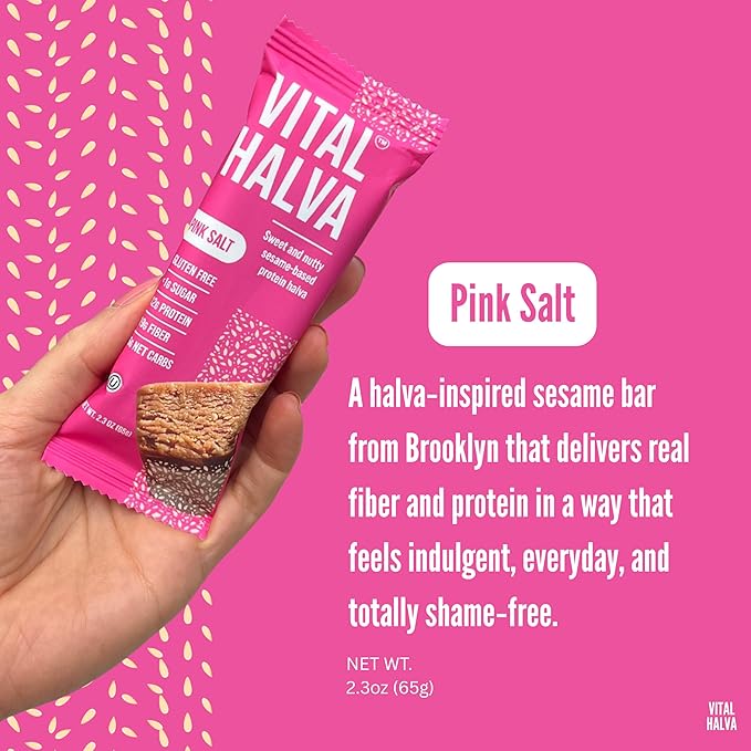 Vital Halva Gut-Friendly Sesame Bar 19g Fiber 12g Protein &lt1g Sugar Gluten-Free Vegan Snack - Pink Salt 65g (Box of 10)