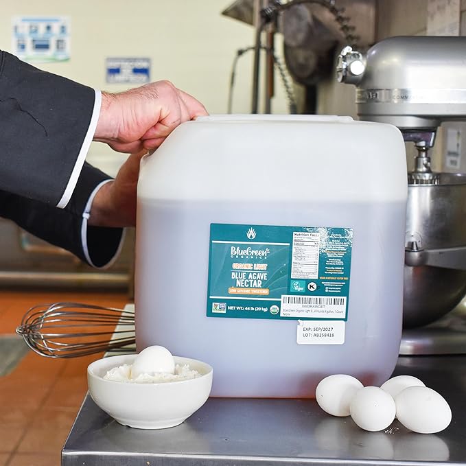 BLUE GREEN ORGANICS 44 lb Raw Blue Agave Nectar Organic Bulk Natural Sweetener 4 Gallon Container for Restaurants &amp Home Use Low Glycemic Sugar Alternative