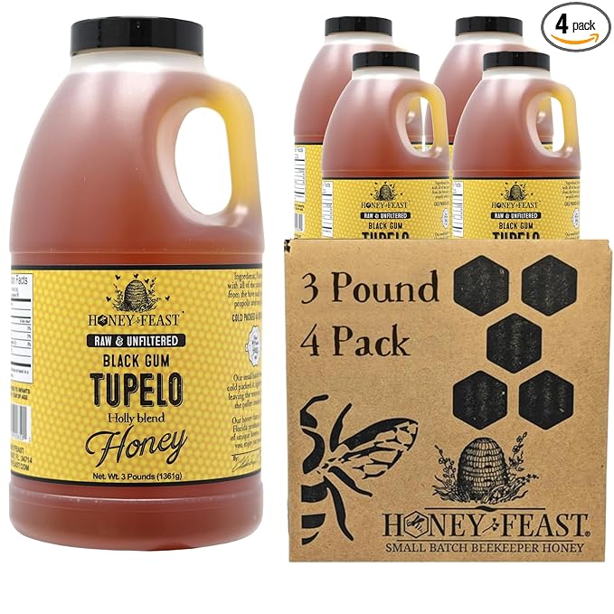 HONEY FEAST Raw Black Gum Tupelo Honey 3 Pounds (Pack of 4) Unfiltered &amp Pure Superfood – From Organic American Floral Sources