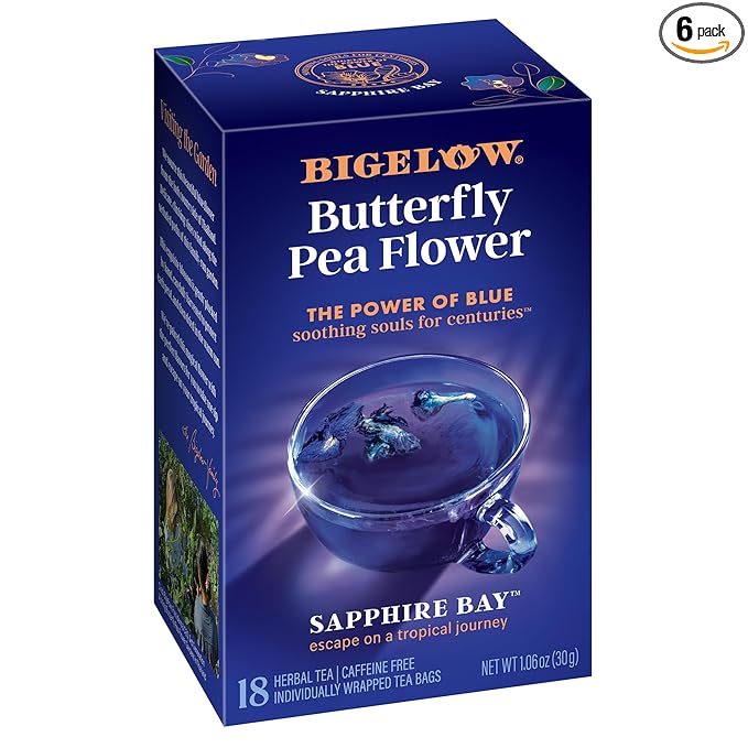 Bigelow Tea Sapphire Bay Butterfly Pea Flower Blue Tea Caffeine Free (Pack of 6) 108 Total Tea Bags