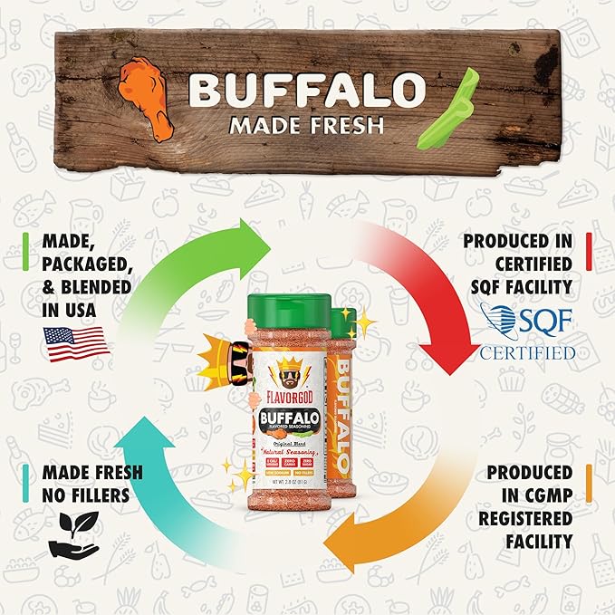 Buffalo Seasoning Mix 2 Bottles by Flavor God - Premium All Natural &amp Healthy Spice Blend for Grilling Chicken Beef Seafood Vegetables Hot Wings French Fries &amp Cauliflower - Kosher Glut