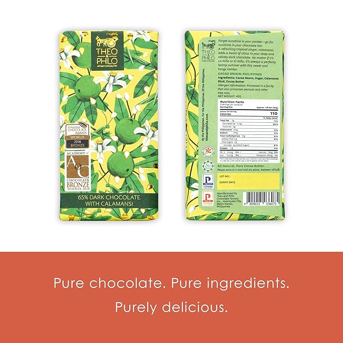 Theo &amp Philo Calamansi 65% Dark Chocolate 3 Pack - Filipino Chocolate - Bean-to-Bar Direct Sourced Made at Origin Single Origin Woman Owned BIPOC Owned Award Winning - Vegan - Bundle