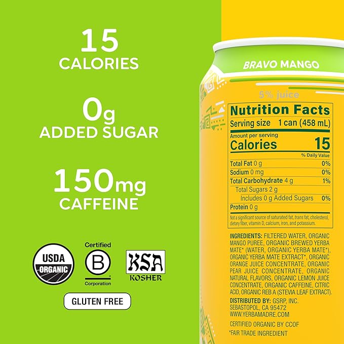 Yerba Madre Organic Yerba Mate Low Sugar Bravo Mango 150mg Natural Caffeine Energy Drink Alternative No Jitters or Crash 15.5 Oz (Pack of 12)